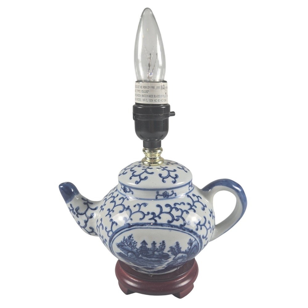Blue & White Porcelain Teapot Lamp Cottagecore Shabby Chic Vintage Oriental